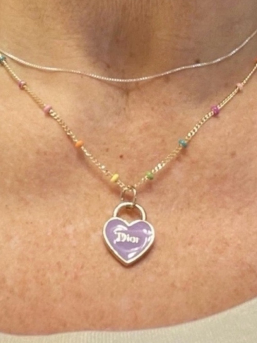 Christian Dior Purple Enamel Heart Charm Gf Multi Color Enamel Necklace - Picture 4 of 4